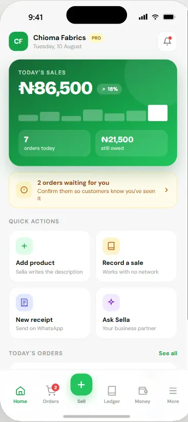 The Sellapage app showing today's sales, orders waiting and quick actions