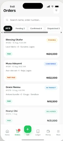 The Sellapage app showing the orders list with their payment status