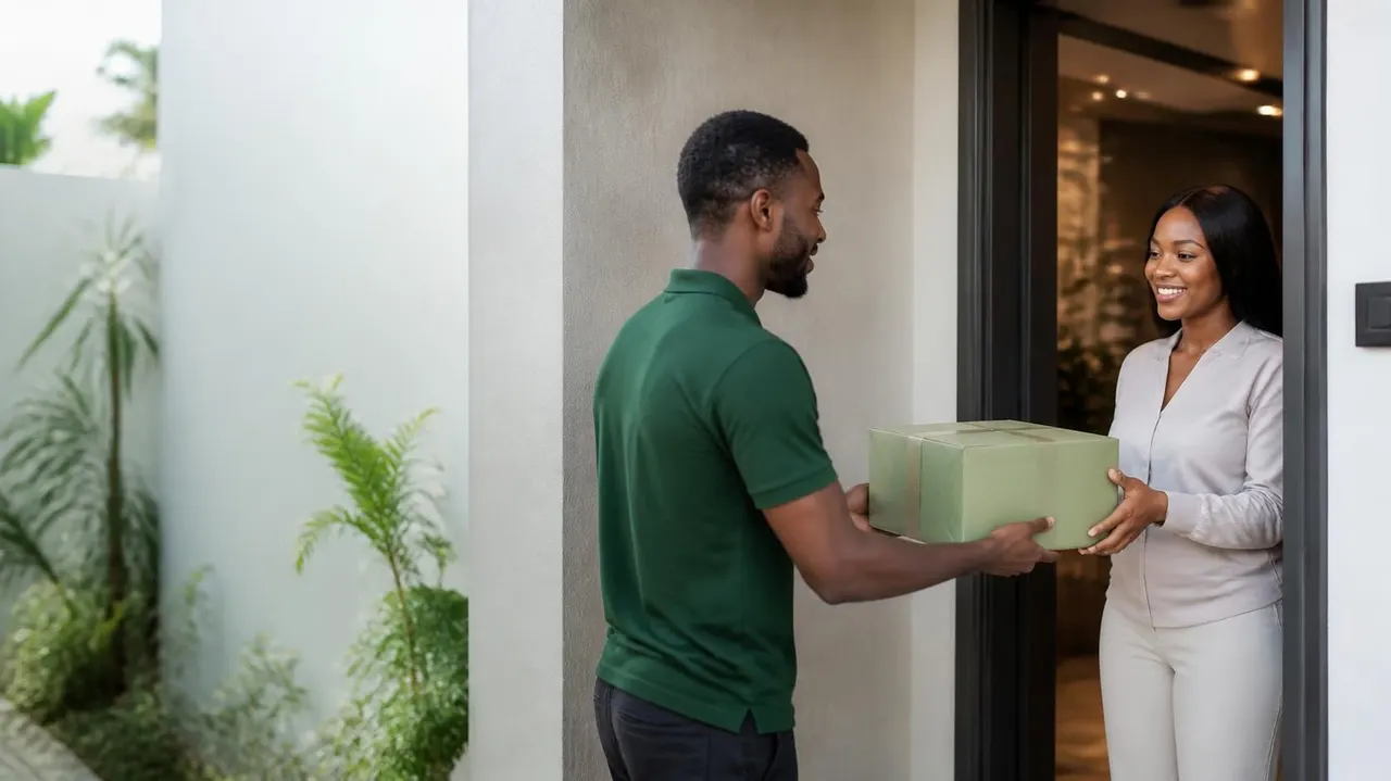 A delivery rider handing a parcel to a customer at her door