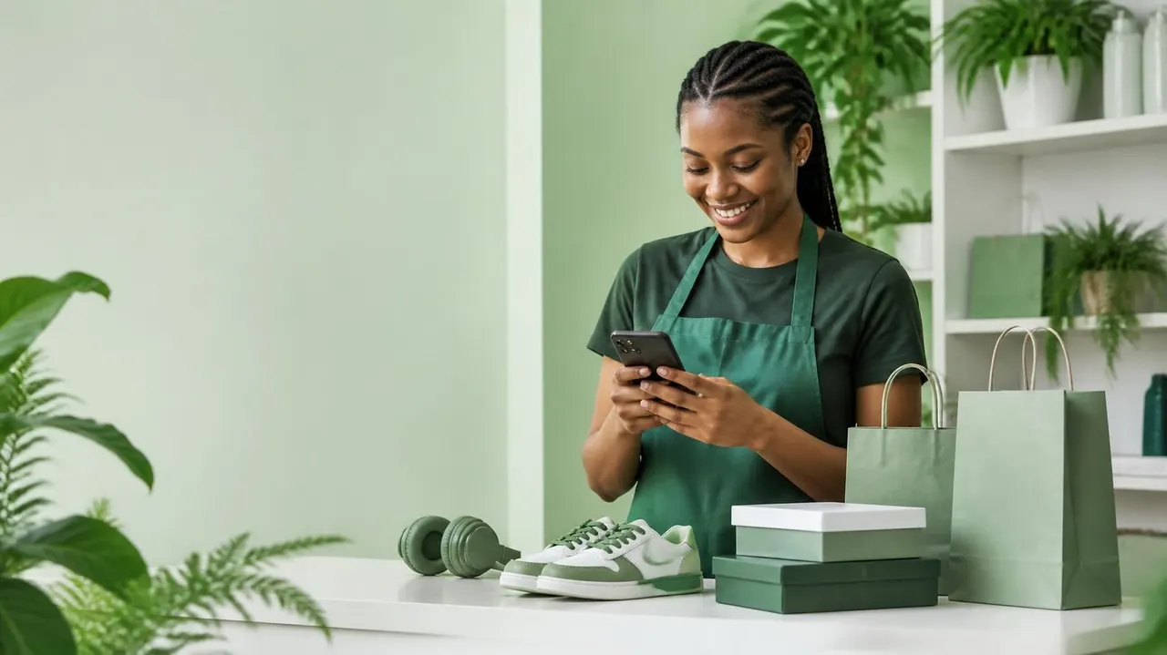 A Nigerian shop owner managing her store on her phone