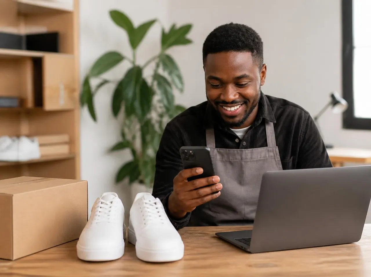 A business owner checking orders on his phone and laptop
